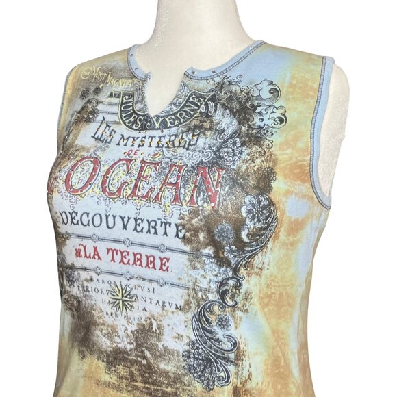 Vintage Y2K Blue Tan Rhinestone Graphic Tank 100% Cotton. Large. Western Artsy - Picture 7 of 11